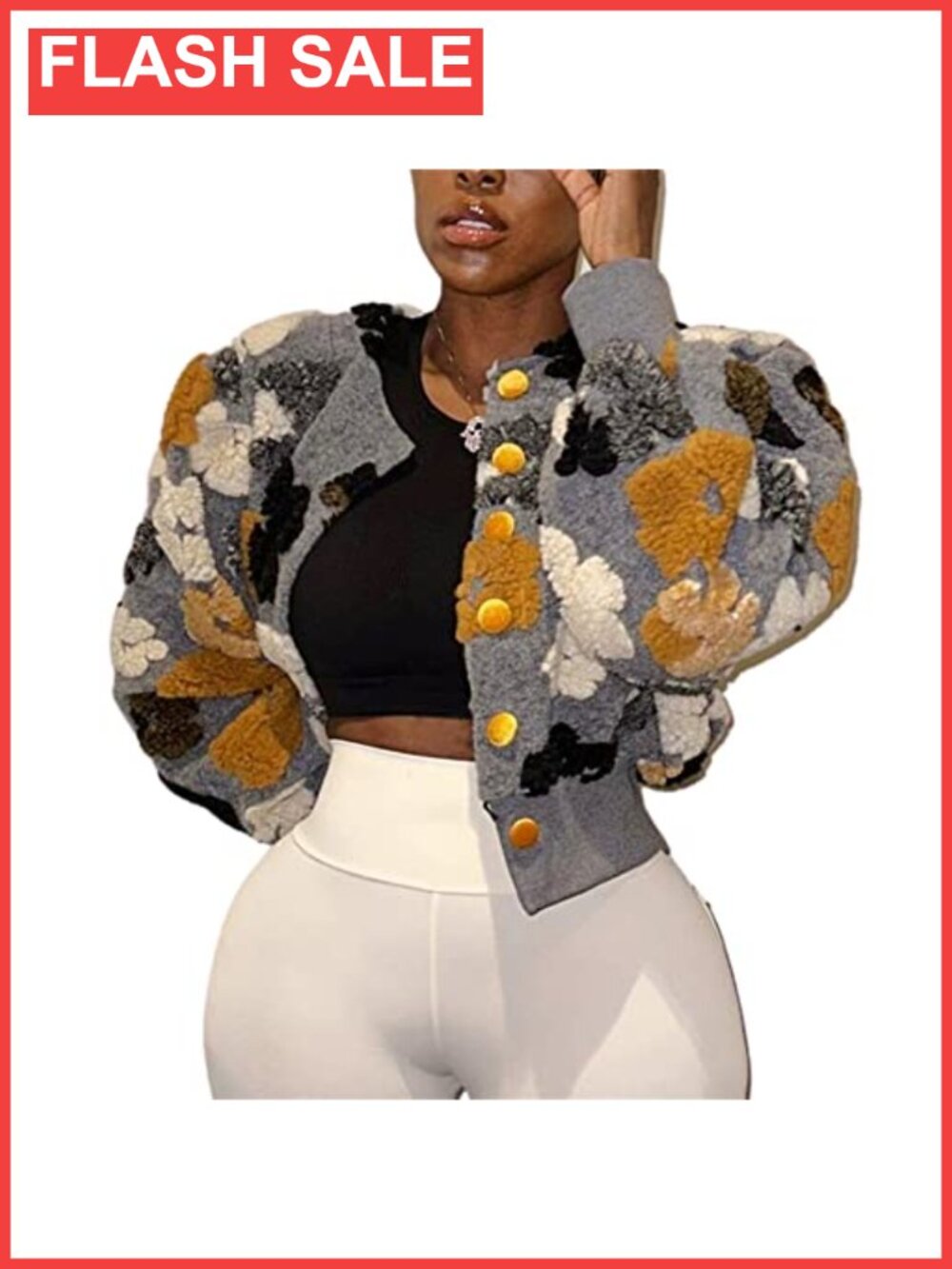 Cropped Floral Print Fleece Bomber Jacket Button Down Puff Sleeve Casual